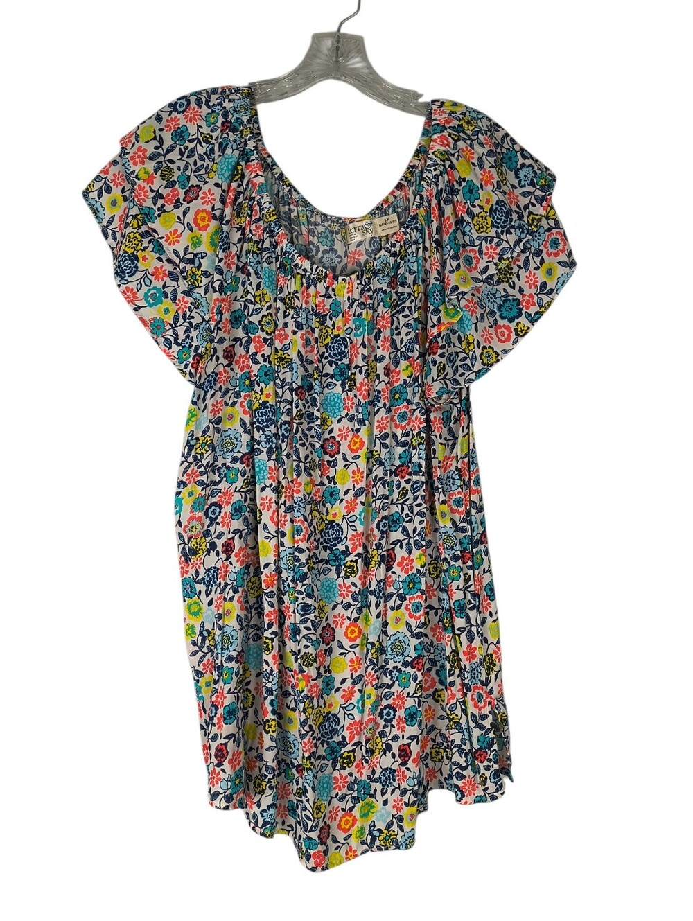 Terra & Sky Top Women's 1X Blue Pink On Off Shoulder Peasant Floral Ruffle